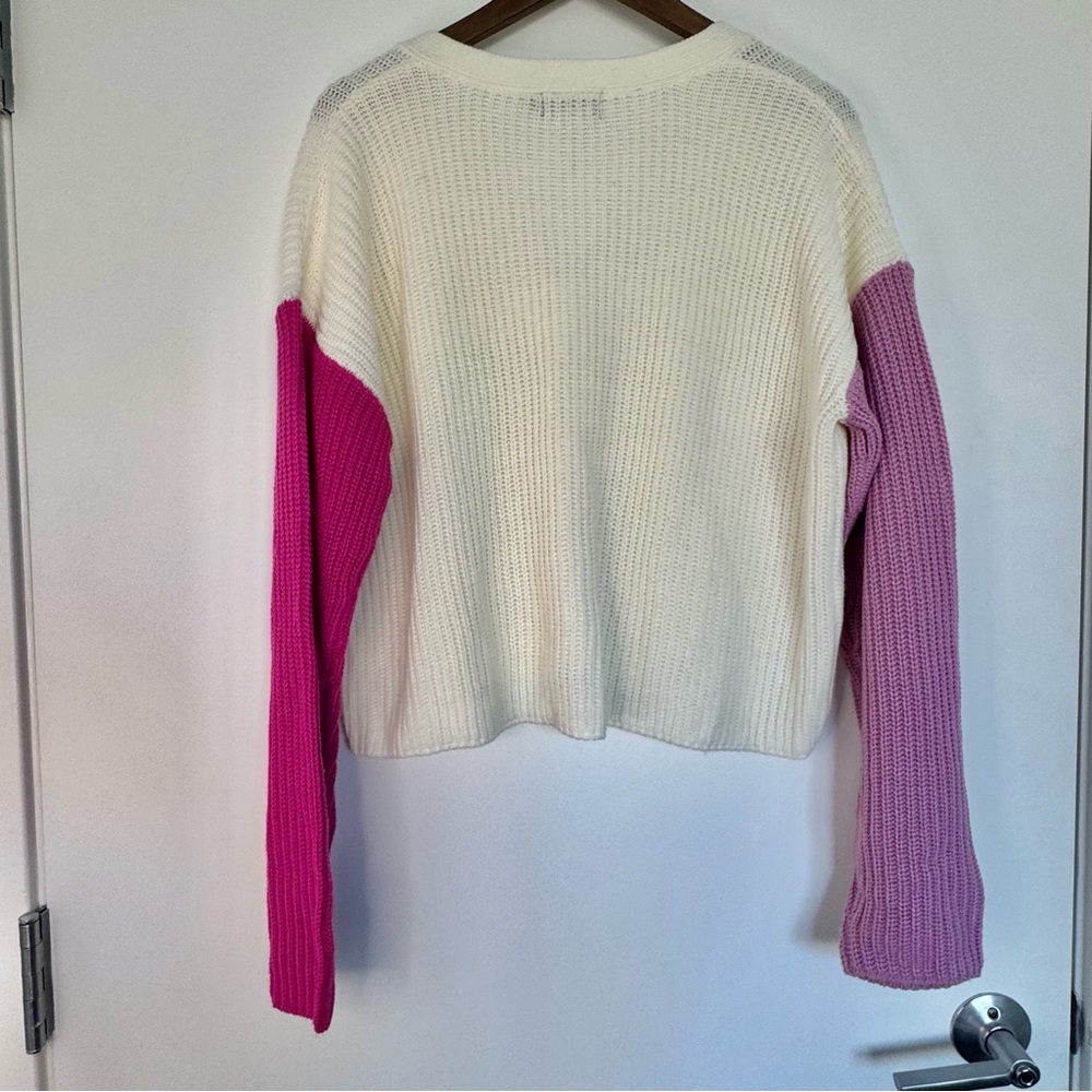 Large PrettyLittleThing White and Pink Sleeve Colorblock Button-Up Cardigan Cozy - Picture 5 of 12